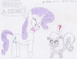 Size: 1000x768 | Tagged: safe, rarity, pony, skunk, unicorn, crossover, female, littlest pet shop, pepper clark, question mark, scared, tabitha st. germain, text, voice actor joke