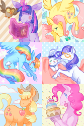 Size: 567x850 | Tagged: safe, artist:flickex, derpibooru import, applejack, fluttershy, opalescence, owlowiscious, pinkie pie, rainbow dash, rarity, twilight sparkle, twilight sparkle (alicorn), alicorn, earth pony, pegasus, pony, unicorn, apple, book, cake, eyes closed, female, flying, food, hoers, mane six, mare, mouth hold, spread wings, tongue out, wings