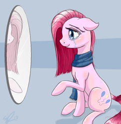 Size: 848x871 | Tagged: safe, artist:sirpayne, pinkie pie, earth pony, pony, clothes, crying, mirror, pinkamena diane pie, scarf, smiling