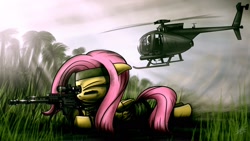 Size: 1920x1080 | Tagged: safe, artist:dori-to, fluttershy, pegasus, pony, as50, female, floppy ears, flutterbadass, gun, helicopter, hooves, lying down, mare, md-500, optical sight, rifle, sniper, sniper rifle, snipershy, solo, weapon, wings