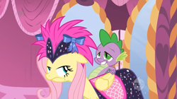 Size: 851x476 | Tagged: safe, screencap, fluttershy, spike, dragon, pegasus, pony, female, male, mare, pink mane, yellow coat