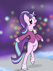 Size: 1280x1709 | Tagged: safe, artist:seidouryu, snowfall frost, starlight glimmer, pony, unicorn, a hearth's warming tail, bipedal, blushing, clothes, female, mare