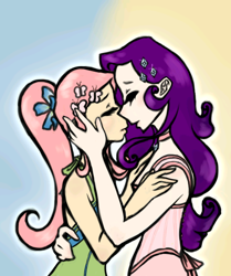 Size: 450x537 | Tagged: safe, artist:katez-chan, fluttershy, rarity, clothes, dress, female, flarity, humanized, kissing, lesbian, shipping