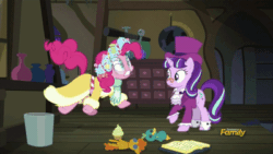 Size: 400x225 | Tagged: safe, screencap, pinkie pie, snowfall frost, starlight glimmer, earth pony, pony, a hearth's warming tail, animated, discovery family logo, pinkie sense, spirit of hearth's warming presents, twitching