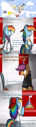 Size: 1280x4453 | Tagged: safe, artist:mikeythefox, derpibooru import, rainbow dash, scootaloo, pegasus, pony, fanfic:rainbow factory, ask factory scootaloo, ask rainbow factory dash, clothes, cloudsdale, comic, factory scootaloo, lab coat, rainbow factory dash, serious rainbow