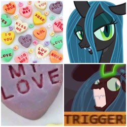 Size: 1280x1280 | Tagged: safe, queen chrysalis, changeling, changeling queen, candy, food, meme, solo, triggered, valentine's day