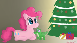 Size: 1920x1080 | Tagged: safe, artist:verminshy, gummy, pinkie pie, earth pony, pony, christmas, christmas tree, happy, present