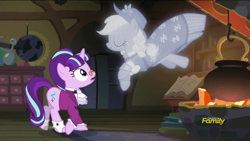 Size: 1280x720 | Tagged: safe, screencap, applejack, snowfall frost, spirit of hearth's warming past, starlight glimmer, earth pony, pony, a hearth's warming tail, discovery family logo, hearth's warming eve, spirit