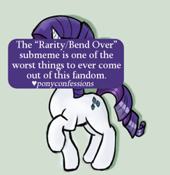 Size: 487x500 | Tagged: safe, rarity, pony, unicorn, bend over, female, horn, mare, pony confession, raised hoof