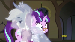 Size: 1280x720 | Tagged: safe, screencap, applejack, snowfall frost, spirit of hearth's warming past, starlight glimmer, earth pony, ghost, pony, a hearth's warming tail, discovery family logo, incorporeal, shocked