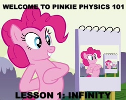 Size: 500x398 | Tagged: safe, edit, edited screencap, screencap, pinkie pie, earth pony, pony, too many pinkie pies, cropped, droste effect, female, image macro, infinity, mare, meme, physics, pinkception, pinkie physics, recursion, solo