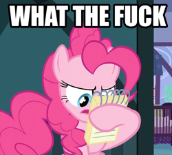 Size: 1200x1080 | Tagged: safe, screencap, pinkie pie, earth pony, pony, female, frown, glare, hoof hold, image macro, mare, meme, notepad, open mouth, reaction image, reading, sitting, solo, text, vulgar, wtf