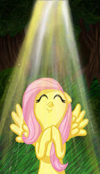 Size: 661x1148 | Tagged: safe, artist:wildannalise, fluttershy, pegasus, pony, bust, crepuscular rays, eyes closed, female, floppy ears, happy, hooves together, mare, nose in the air, smiling, solo, spread wings, wings