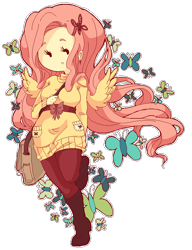 Size: 694x904 | Tagged: safe, artist:nerd-sama, fluttershy, butterfly, human, boots, clothes, female, humanized, shoes, simple background, solo, sweater, sweatershy, transparent background, winged humanization