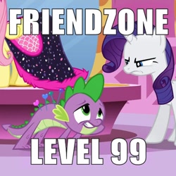 Size: 1000x1000 | Tagged: safe, edit, edited screencap, screencap, fluttershy, rarity, spike, dragon, pegasus, pony, unicorn, green isn't your color, caption, cropped, duo focus, friendzone, frown, image macro, pin, pincushion spike