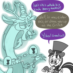 Size: 3000x3000 | Tagged: safe, artist:turkleson, discord, snowfall frost, starlight glimmer, draconequus, ghost, pony, unicorn, a hearth's warming tail, chains, clothes, ghost discord, hat, hilarious in hindsight, jacob marley, padlock, parody, pince-nez, raised hoof, simple background, top hat, white background