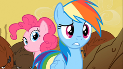 Size: 1366x768 | Tagged: safe, derpibooru import, screencap, pinkie pie, rainbow dash, earth pony, pegasus, pony, over a barrel, desert