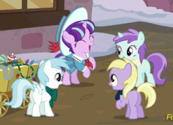 Size: 726x522 | Tagged: safe, screencap, cotton cloudy, dinky hooves, liza doolots, petunia, snowfall frost, starlight glimmer, tootsie flute, pegasus, pony, unicorn, a hearth's warming tail, animated, butt, cottonbetes, cute, dinkabetes, eyes closed, female, filly, glimmerbetes, hoofy-kicks, loop, open mouth, plot, rearing, tootsie cute