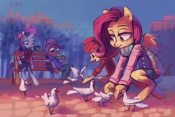 Size: 3448x2299 | Tagged: safe, artist:holivi, apple bloom, fluttershy, scootaloo, sweetie belle, anthro, cutie mark crusaders, feeding, high res, pigeons