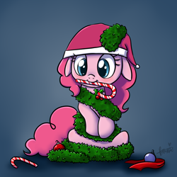 Size: 1000x1000 | Tagged: safe, artist:maplesunrise, pinkie pie, earth pony, pony, ask snuggle pie, candy, candy cane, christmas, christmas ornament, cute, decoration, diapinkes, floppy ears, food, hat, holly, mouth hold, ornament, santa hat, solo, tinsel