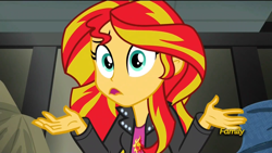 Size: 1920x1080 | Tagged: safe, screencap, sunset shimmer, equestria girls, rainbow rocks, discovery family, discovery family logo, shrug, shrugset shimmer, solo