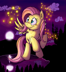 Size: 1237x1341 | Tagged: safe, artist:raunchyopposition, fluttershy, firefly (insect), pegasus, pony, canterlot, flying, glow, night, reflection, water