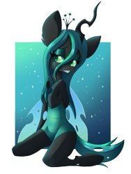 Size: 1200x1600 | Tagged: safe, artist:blazemizu, queen chrysalis, anthro, changeling, changeling queen, unguligrade anthro, arm hooves, grin, kneeling, smiling, solo