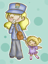 Size: 638x856 | Tagged: safe, artist:maareep, derpy hooves, dinky hooves, bag, chibi, cute, hat, humanized, letter, mail, mailbag