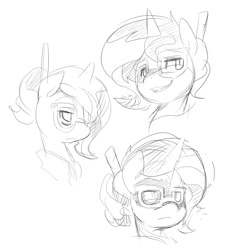 Size: 856x946 | Tagged: safe, artist:ende26, sunset shimmer, pony, unicorn, alternate hairstyle, bust, glasses, monochrome, portrait, sketch, solo