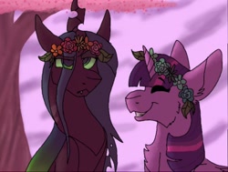 Size: 512x387 | Tagged: safe, artist:bloodredpegasus, queen chrysalis, twilight sparkle, twilight sparkle (alicorn), alicorn, changeling, changeling queen, pony, female, floral head wreath, flower, lesbian, shipping, smiling, tree, twisalis