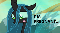 Size: 1324x732 | Tagged: safe, edit, edited screencap, screencap, queen chrysalis, changeling, changeling queen, to where and back again, female, implied pregnancy, meme, pregnant, solo