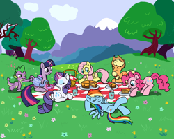 Size: 1280x1029 | Tagged: safe, artist:marindashy, derpibooru import, applejack, fluttershy, pinkie pie, rainbow dash, rarity, spike, twilight sparkle, dragon, earth pony, pegasus, pony, unicorn, alternate hairstyle, cake, fluttershy answers, mane seven, mane six, picnic, tea, teapot, wrong magic color