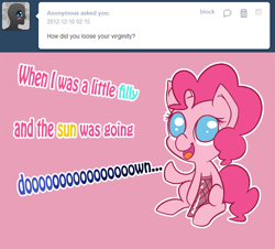 Size: 800x722 | Tagged: safe, pinkie pie, earth pony, pony, ask, female, mare, pink coat, pink mane, pinkieinprivates, tumblr