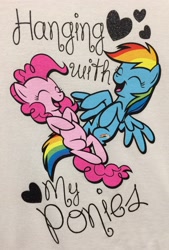 Size: 2085x3089 | Tagged: safe, derpibooru import, pinkie pie, rainbow dash, earth pony, pegasus, pony, clothes, eyes closed, female, hanging with my ponies, laughing, mare, shirt, t-shirt