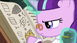 Size: 1920x1080 | Tagged: safe, screencap, snowfall frost, starlight glimmer, pony, unicorn, a hearth's warming tail, alchemy, book, discovery family logo, female, glasses, gold, lead, magic, magic aura, mare, pince-nez, rock, spellbook, telekinesis, transmutation