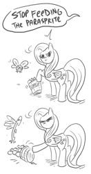 Size: 526x1000 | Tagged: safe, artist:flashinthepan, fluttershy, parasprite, pegasus, pony, apple, comic, feeding, food, this will end in tears, this will not end well