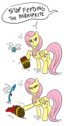 Size: 526x1000 | Tagged: safe, artist:flashinthepan, fluttershy, parasprite, pegasus, pony, animal, apple, bucket, comic, feeding, this will end in tears