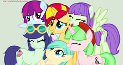 Size: 1310x693 | Tagged: safe, artist:imtailsthefoxfan, blueberry cake, drama letter, mystery mint, starlight, sunset shimmer, tennis match, watermelody, pony, background human, equestria girls ponified, ponified