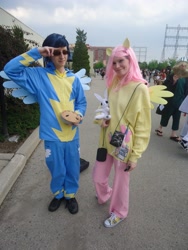 Size: 3240x4320 | Tagged: safe, angel bunny, fluttershy, soarin', human, cosplay, irl, irl human, photo, pie, wonderbolts