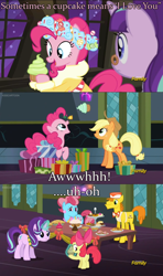 Size: 1280x2160 | Tagged: safe, screencap, apple bloom, applejack, carrot cake, pinkie pie, snowfall frost, starlight glimmer, earth pony, pony, a hearth's warming tail, cupcake, discovery family logo, food, implied applepie, shipper on deck, spirit of hearth's warming presents