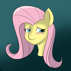 Size: 1600x1600 | Tagged: safe, artist:terra-aquis, fluttershy, pegasus, pony, blushing, bust, female, gradient background, looking at you, mare, portrait, smiling, solo, three quarter view