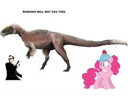 Size: 765x574 | Tagged: safe, pinkie pie, dinosaur, human, pony, agent smith, feathered dinosaur, female, irony, male, mare, meta, random, simple background, text, the matrix, white background, yutyrannus