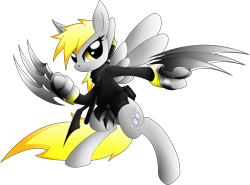 Size: 1581x1168 | Tagged: safe, artist:xeroseis, derpy hooves, pony, bipedal, clothes, ninja, solo, weapon