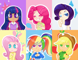 Size: 1560x1200 | Tagged: safe, artist:isosceless, derpibooru import, applejack, fluttershy, pinkie pie, rainbow dash, rarity, twilight sparkle, human, chibi, eyes closed, female, humanized, looking at you, mane six, one eye closed, wink