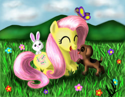 Size: 2008x1567 | Tagged: safe, artist:vet2b, angel bunny, fluttershy, butterfly, pegasus, pony, colored, cute, field, puppy