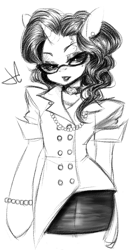 Size: 409x769 | Tagged: safe, artist:lolopan, rarity, anthro, choker, clothes, dress, dress suit, glasses, monochrome, solo, suit