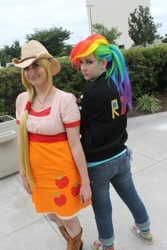 Size: 1366x2048 | Tagged: safe, derpibooru import, applejack, rainbow dash, human, cosplay, irl, irl human, photo