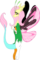 Size: 744x1116 | Tagged: safe, artist:cdla, fluttershy, draconequus, butterfly wings, draconequified, female, floating, flutterequus, simple background, solo, species swap, transparent background, wings