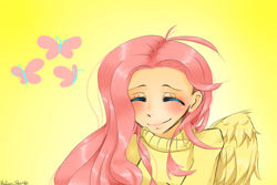 Size: 900x600 | Tagged: safe, artist:hotarublood18, fluttershy, human, blushing, clothes, cutie mark background, eyes closed, female, humanized, simple background, smiling, solo, sweater, sweatershy, winged humanization, yellow background