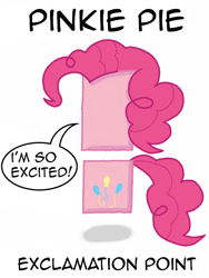 Size: 480x640 | Tagged: safe, pinkie pie, earth pony, pony, cutie mark, excited, exclamation point, mane, objectification, simple background, solo, speech bubble, text, wat, white background